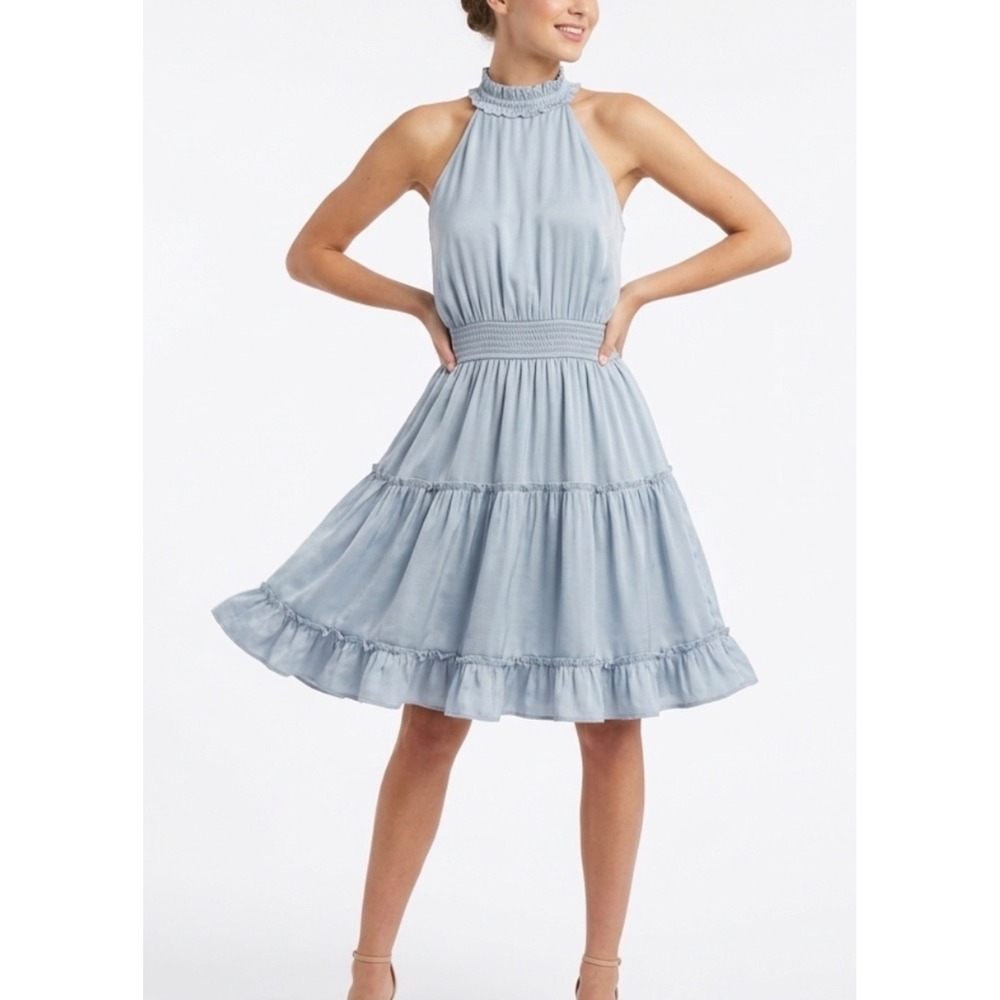 Merokeety Light Blue Halter Neck Smocked Tiered Ruffle Mini Dress Sz Small NWT